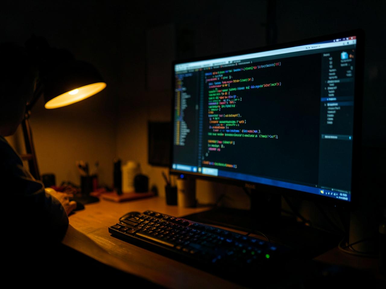 A developer reviewing API traffic logs on a monitor in a dimly lit workspace