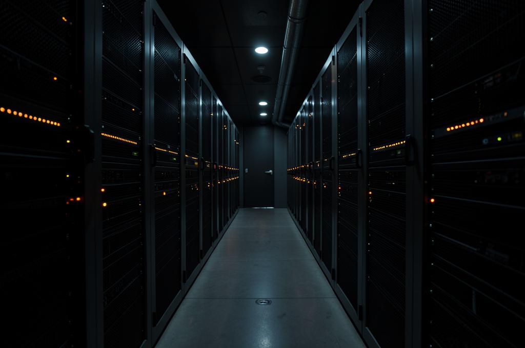 Dark server room corridor lined with racks